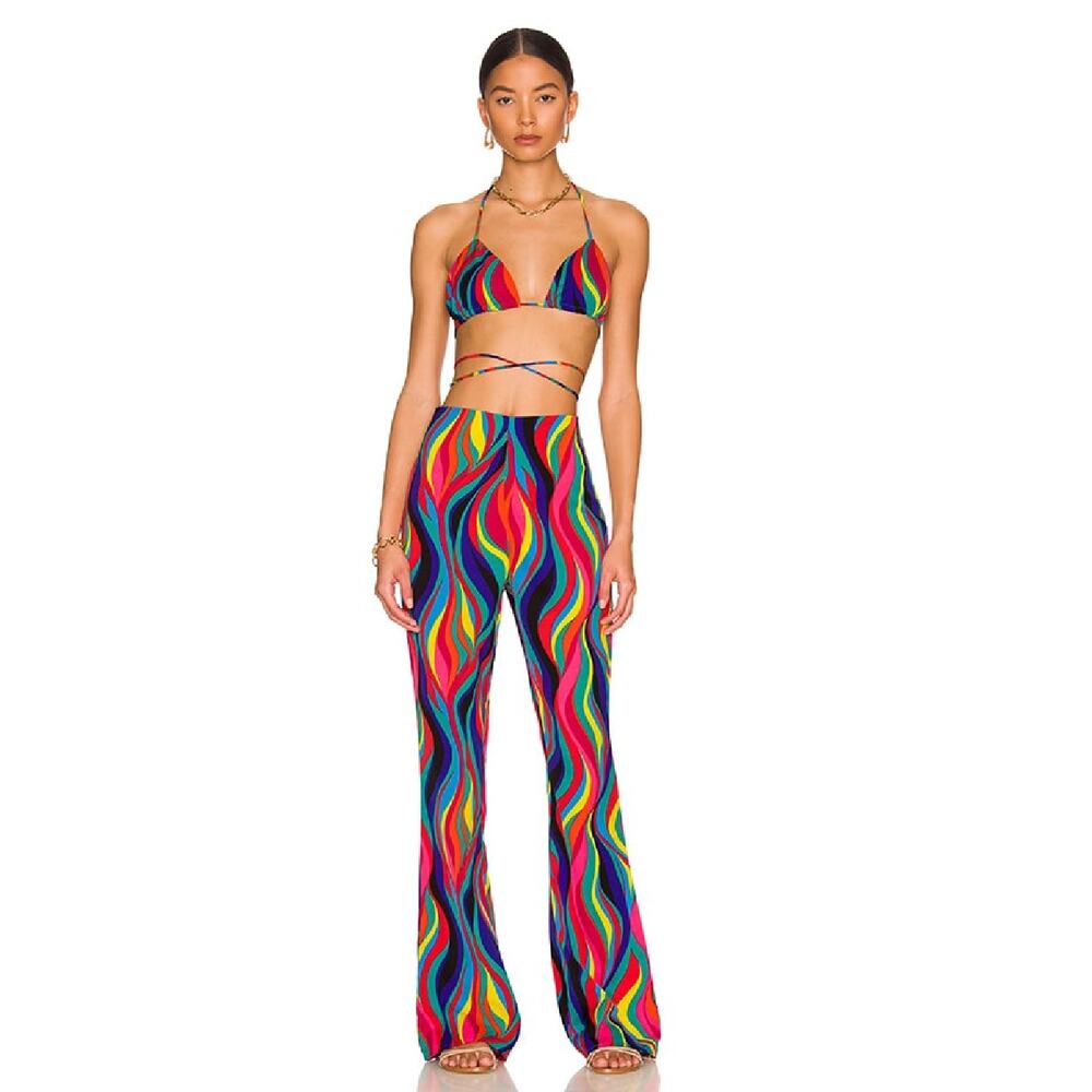 Superdown Tamera Bra Pants Set Multi Swirl Flare Leg 2pc 70s Retro Sz M Revolve‎